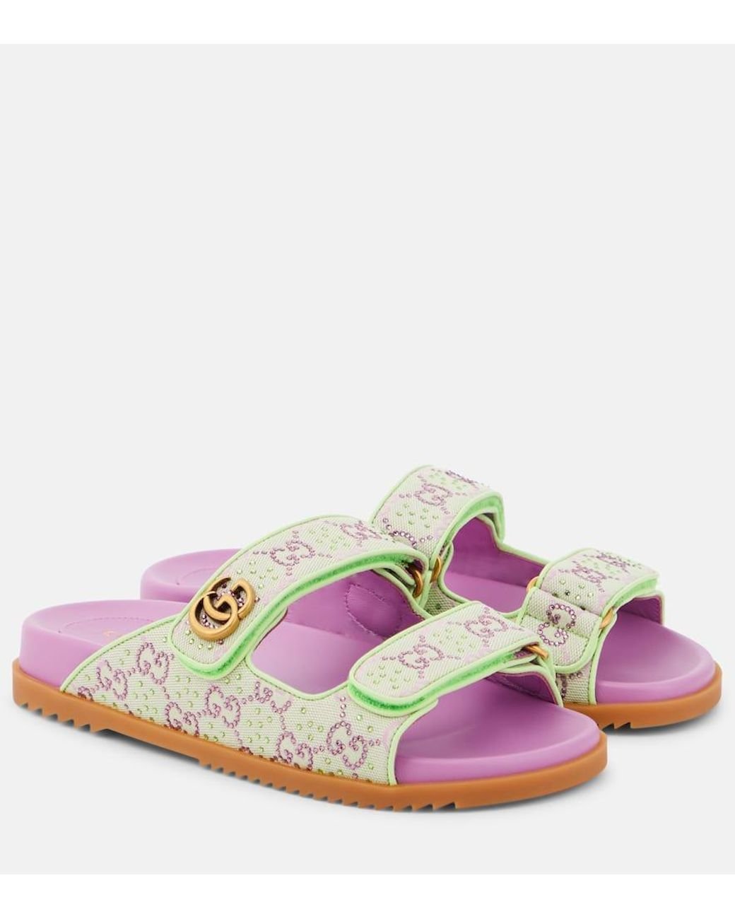 Gucci Gg Canvas Crystal Embellished Sandals in Pink Lyst
