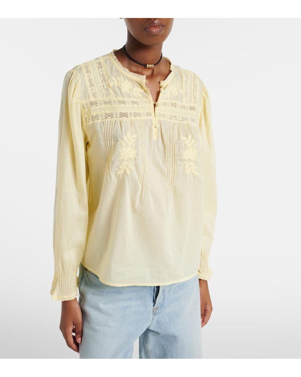 Velvet Yellow Byrdie Lace-Trimmed Cotton Blouse