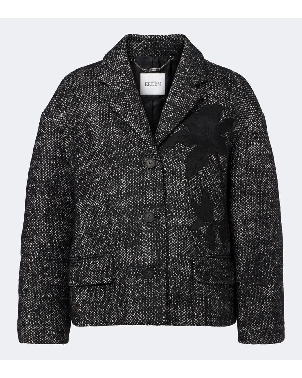 Erdem Black Cropped Embroidered Wool-Blend Jacket