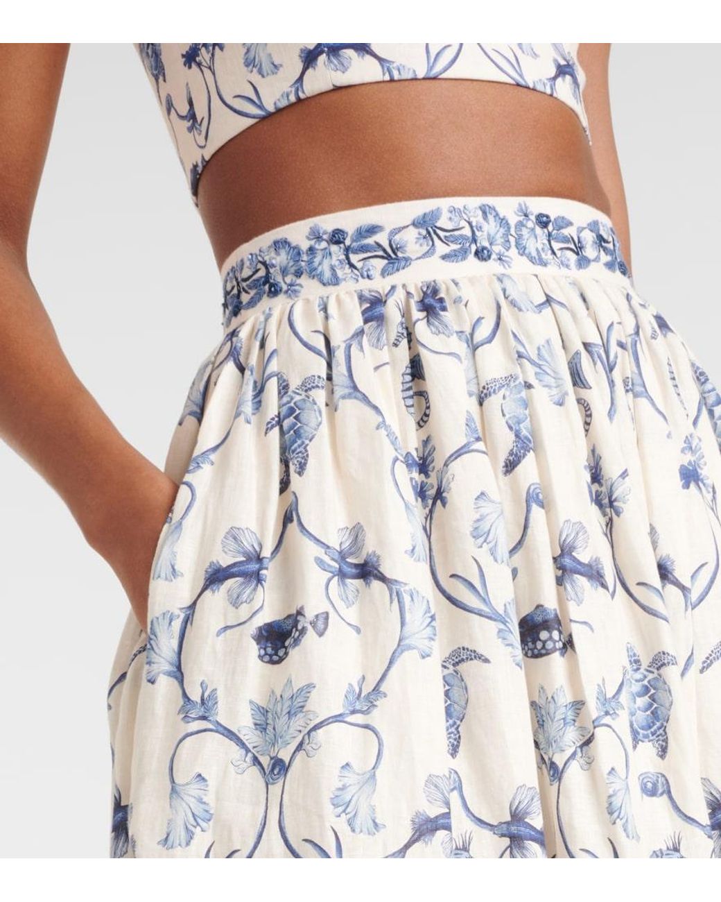 Agua Bendita White Printed High-Rise Linen Maxi Skirt