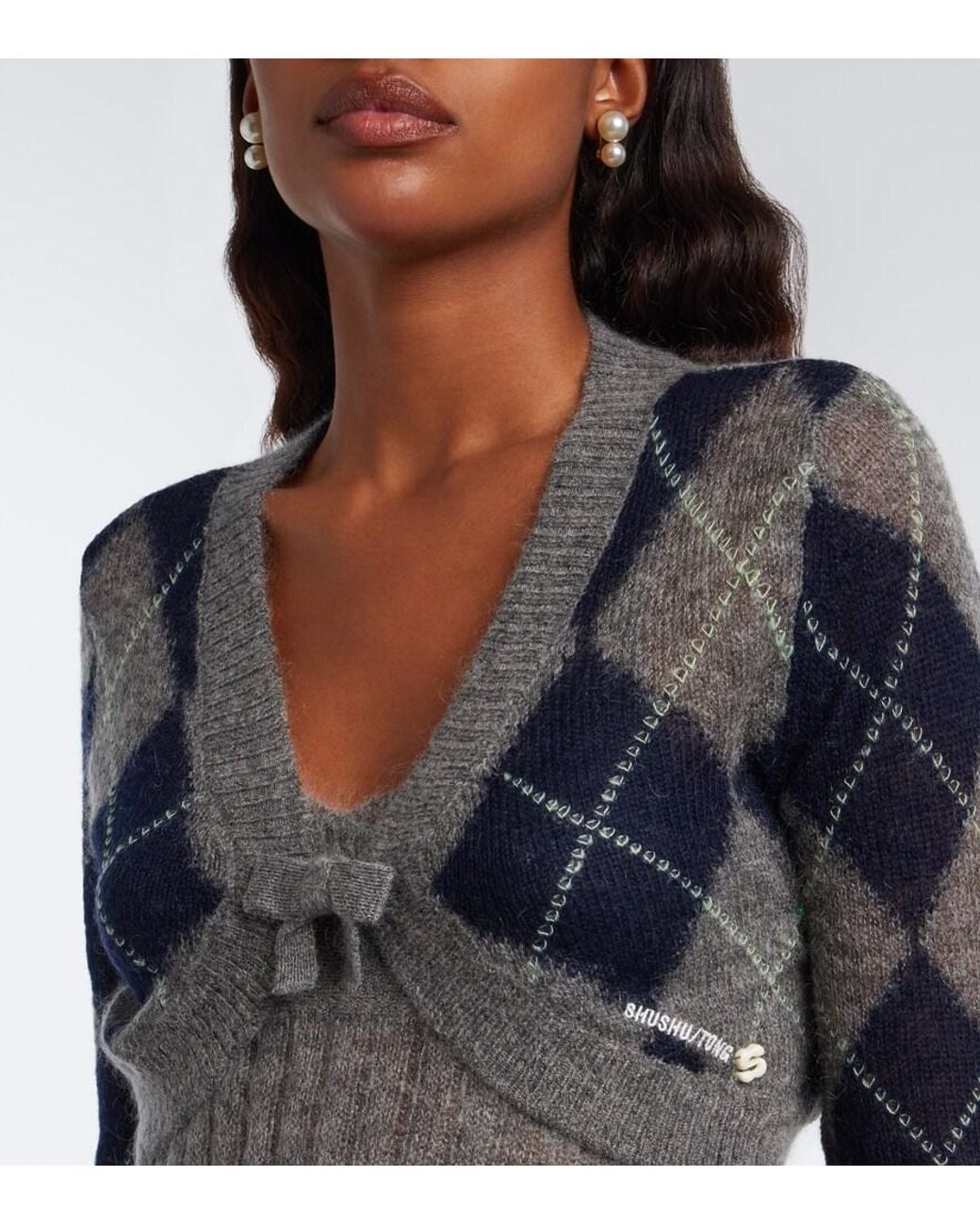 ShuShu/Tong Black Argyle Wool And Mohair-Blend Cardigan