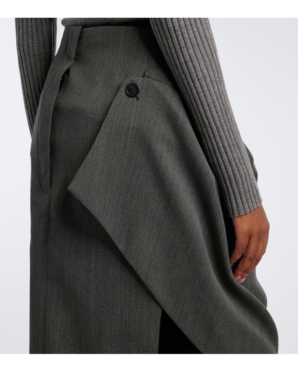 Victoria Beckham Gray Draped Asymmetric Virgin Wool Midi Skirt