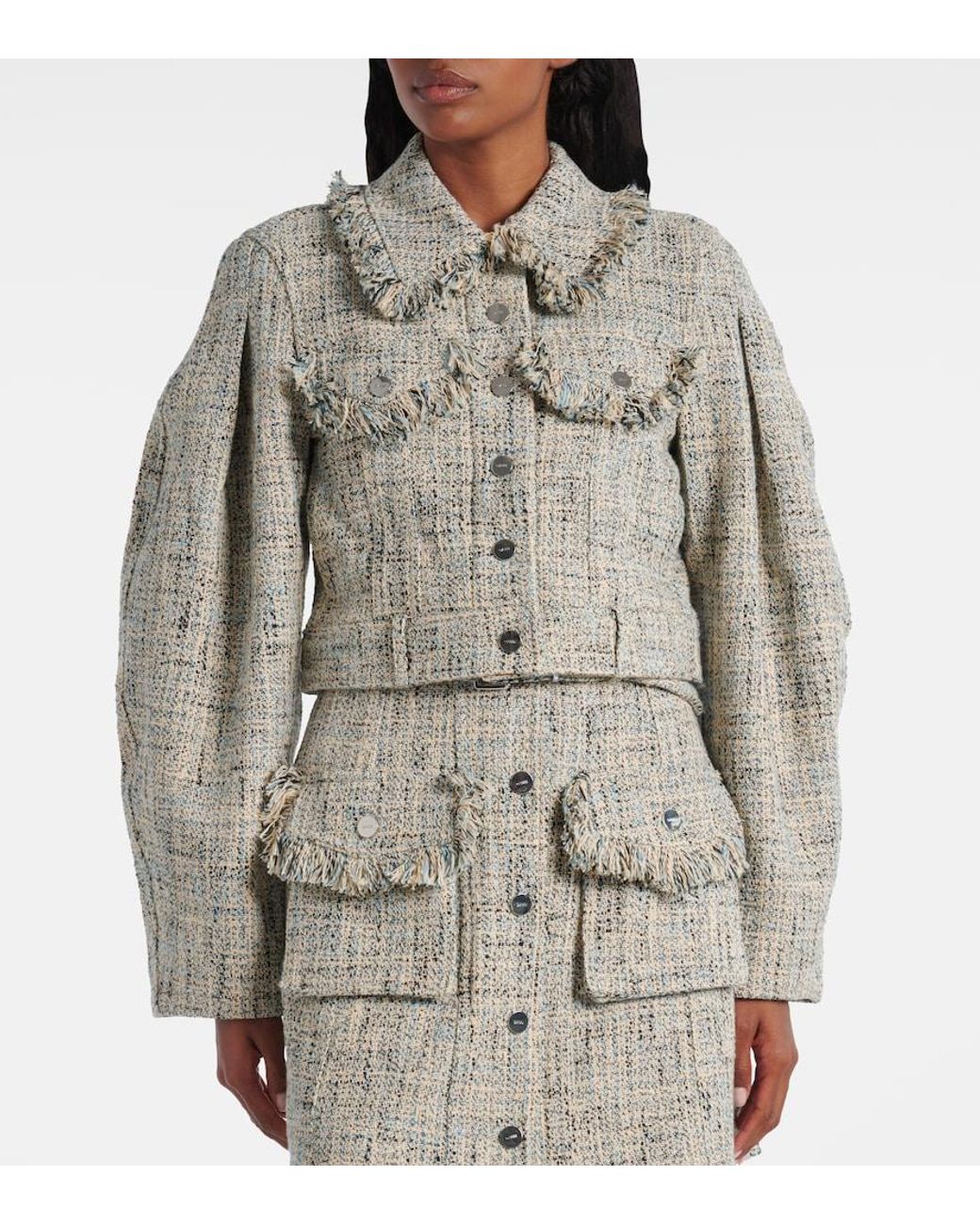 Ganni Blue Cropped Cotton Tweed Jacket