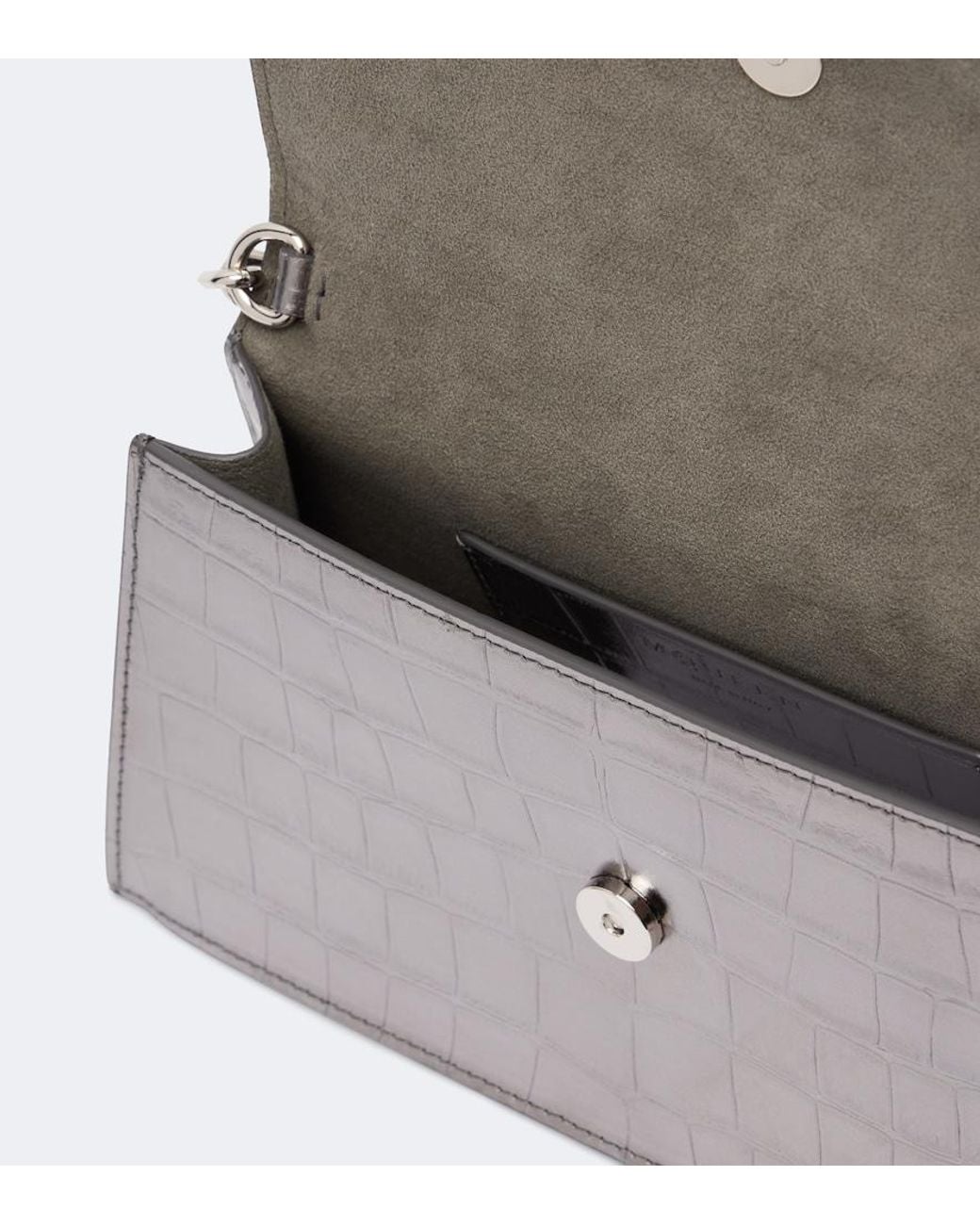 McQueen Gray Skull Mini Croc-Effect Leather Clutch