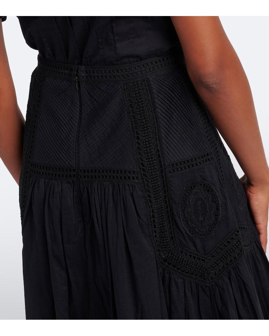 Ulla Johnson Black Alice Embroidered Tiered Cotton Midi Skirt