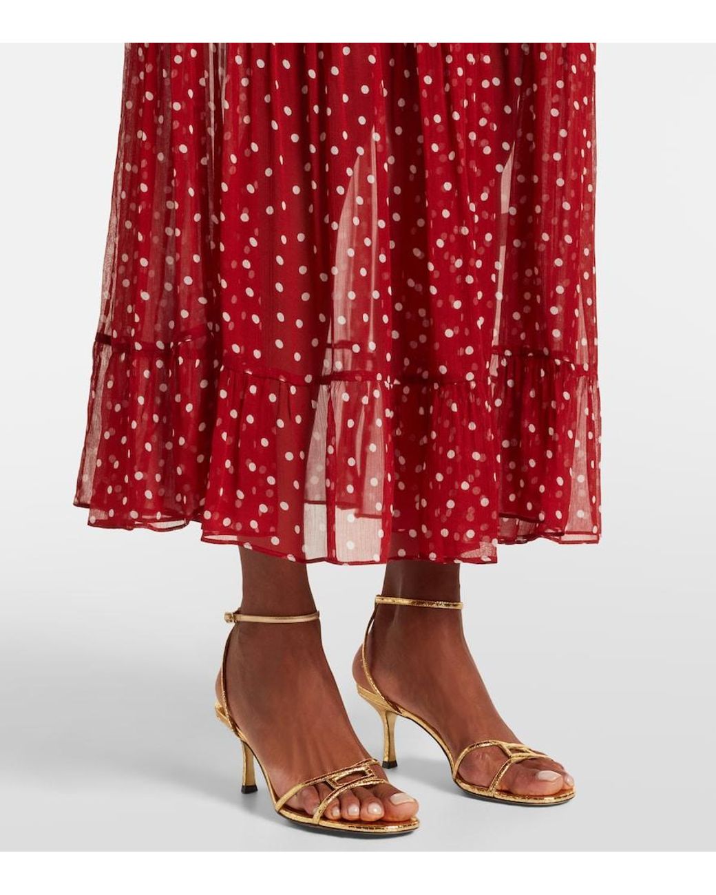 Rixo Red Abi Polka-Dot Chiffon Midi Dress