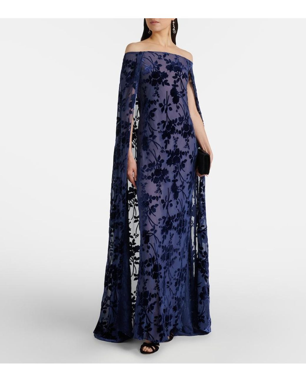 Rodarte Blue Caped Off-Shoulder Jacquard Maxi Dress