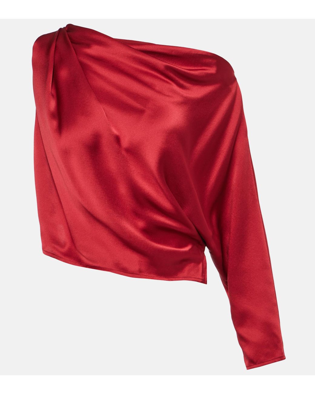 The Sei Draped One-shoulder Silk Satin Top in Red