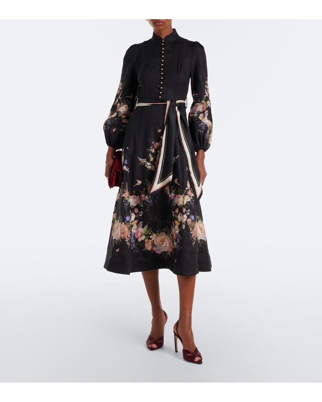 Zimmermann Black Valiant Belted Floral Linen Midi Dress