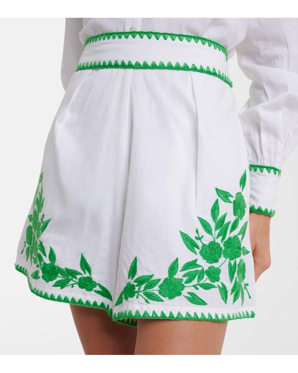 Juliet Dunn Green Embroidered Cotton And Linen Shorts
