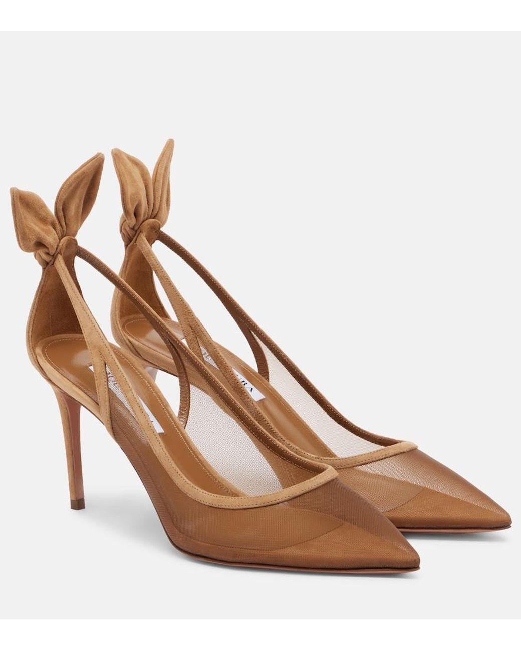 Aquazzura Brown Bow Tie Suede-Trimmed Mesh Pumps