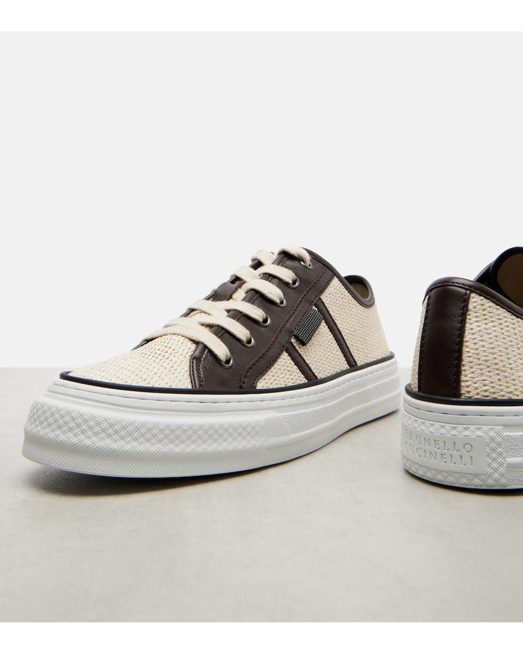 Brunello Cucinelli White Classic Leather-Trimmed Sneakers