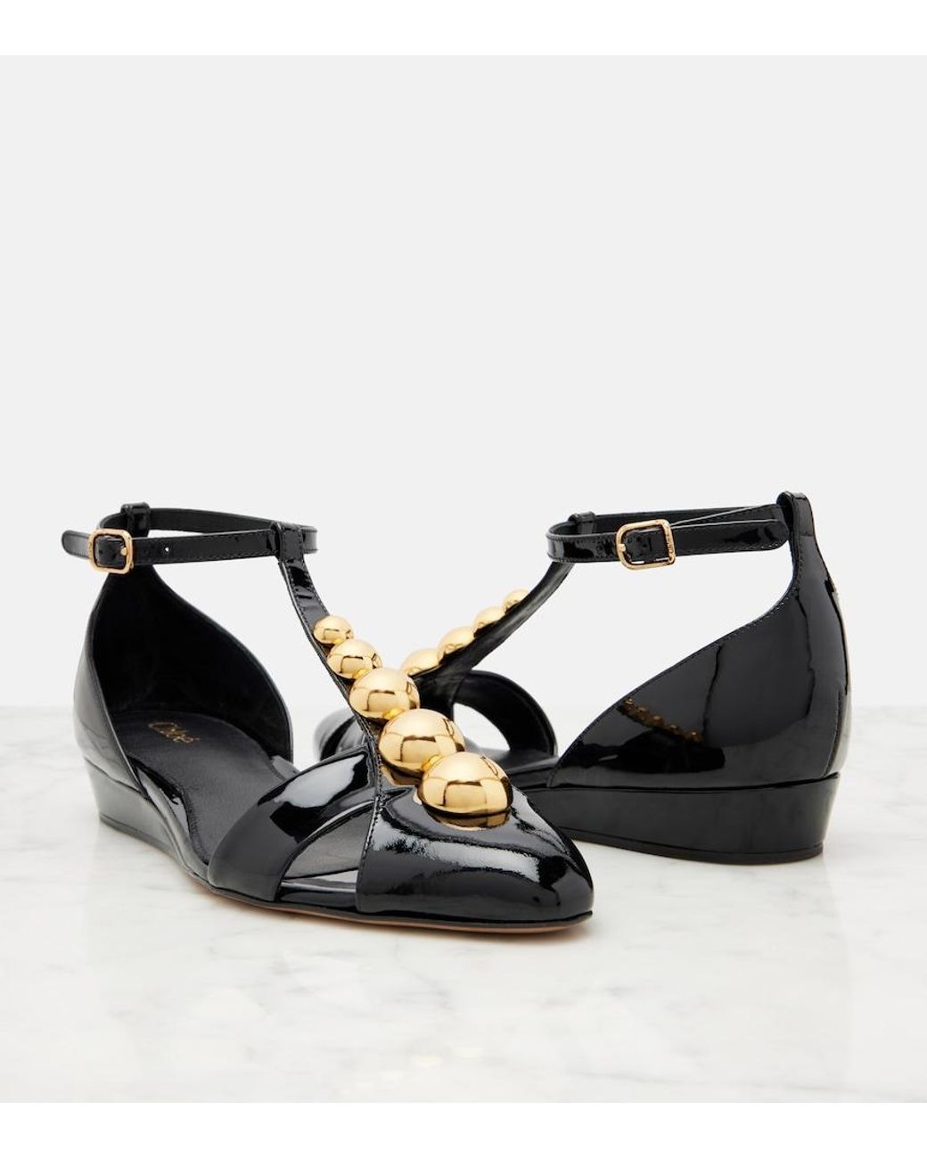Chloé Black Cleia Studded Patent-Leather Wedge Sandals