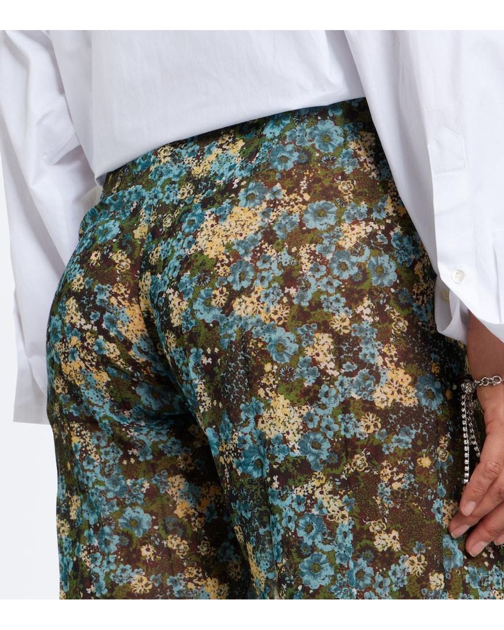 Dries Van Noten Blue Semi-Sheer Floral Wide-Leg Pants