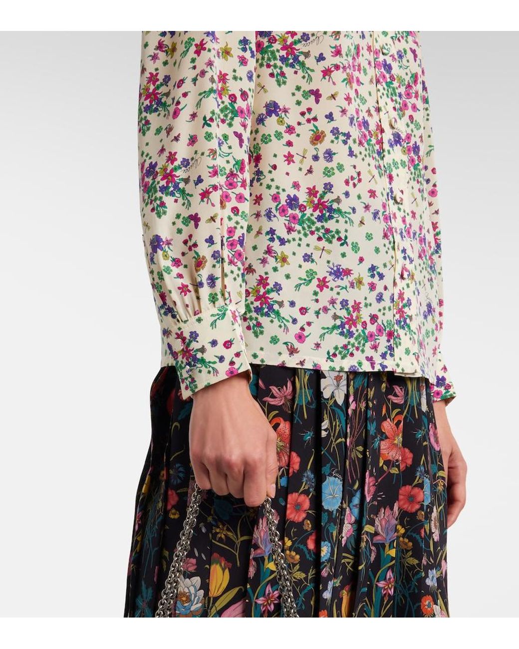 Gucci White Floral Tie-Neck Silk Shirt