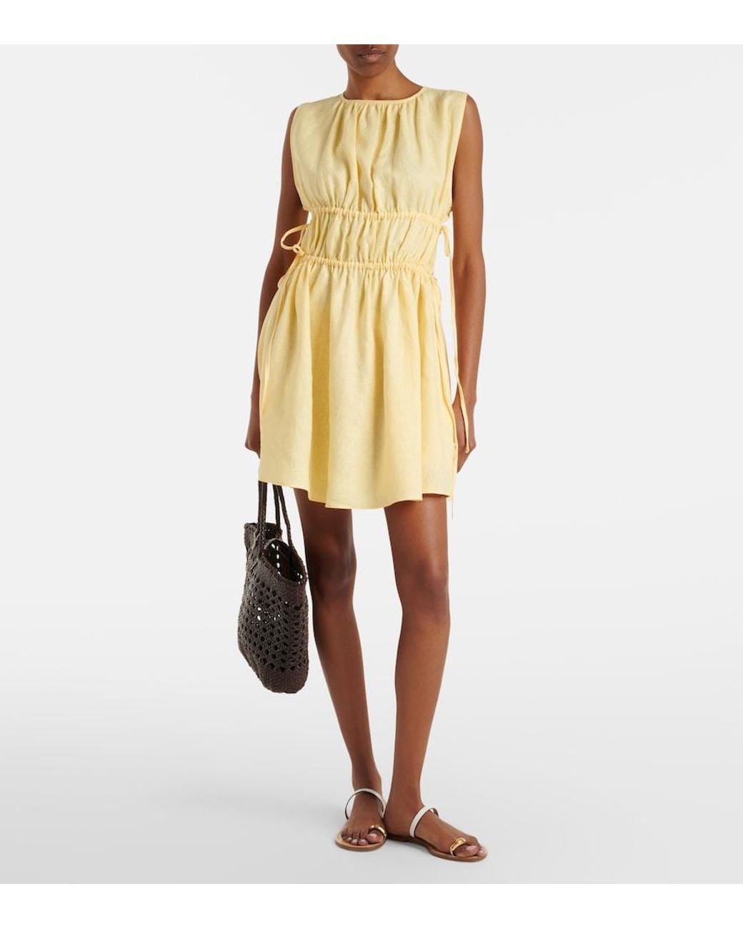 Asceno Yellow Como Gathered Linen Minidress