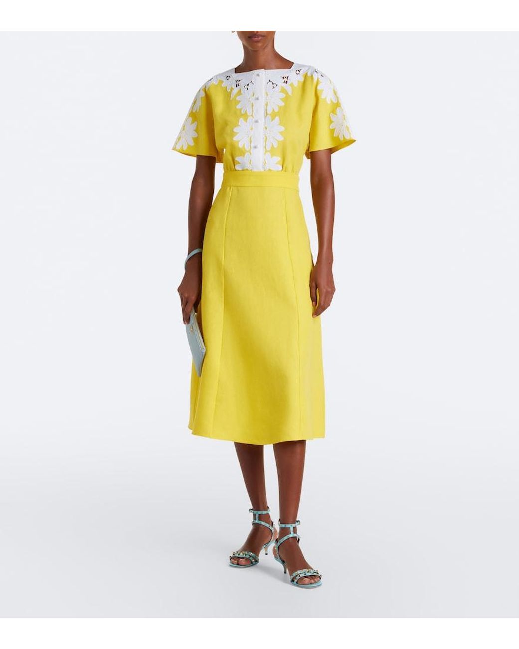 Valentino Garavani Yellow Embroidered Linen Midi Dress