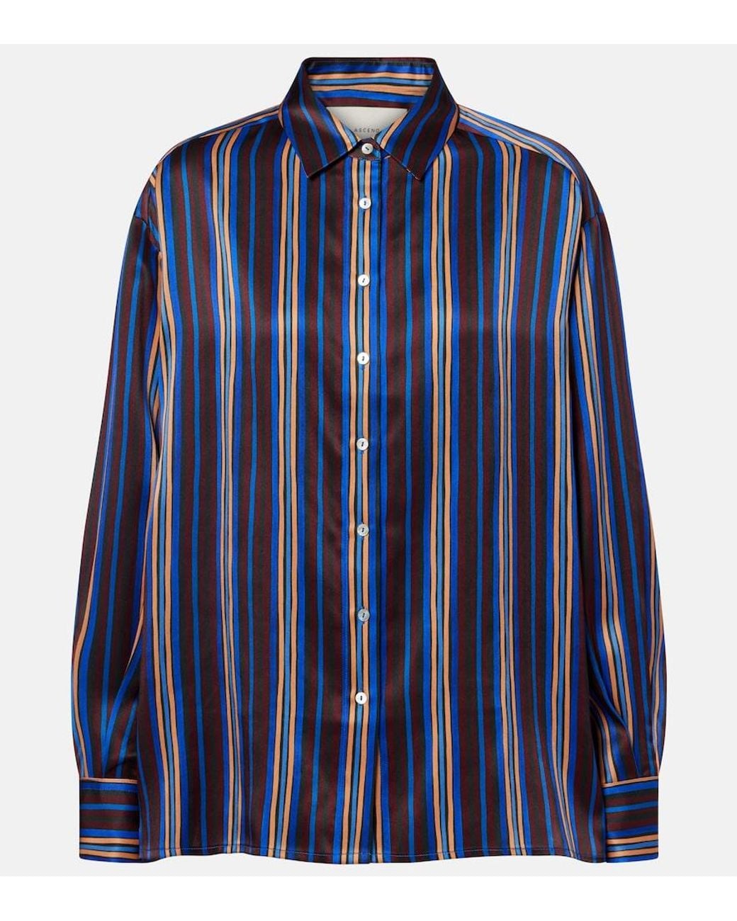 Asceno Blue Maya Striped Silk Charmeuse Pajama Shirt