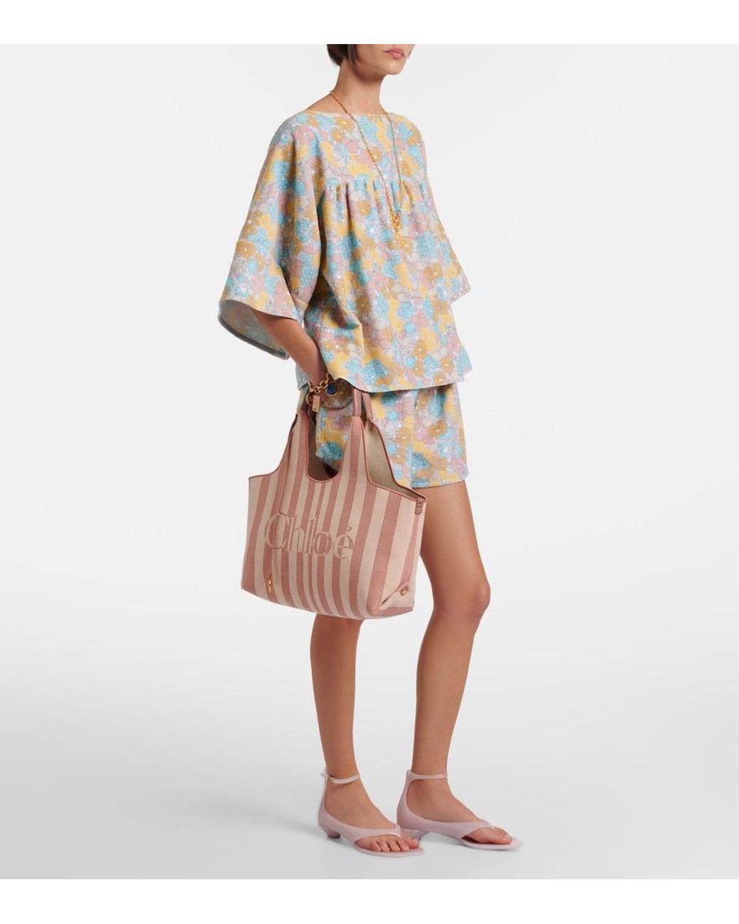 Chloé Pink Stripy Large Logo Canvas Tote Bag