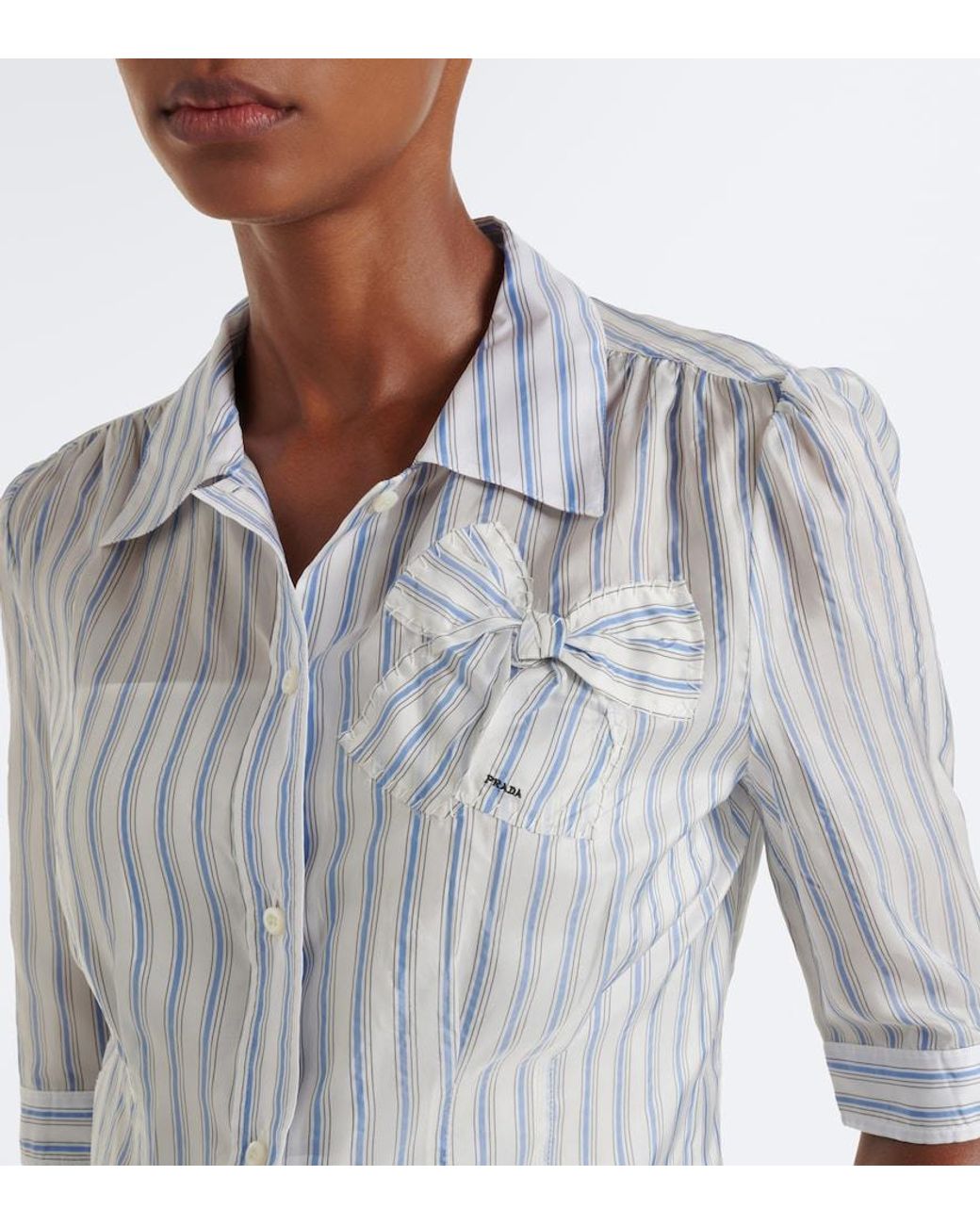 Prada White Bow-Detail Striped Shirt