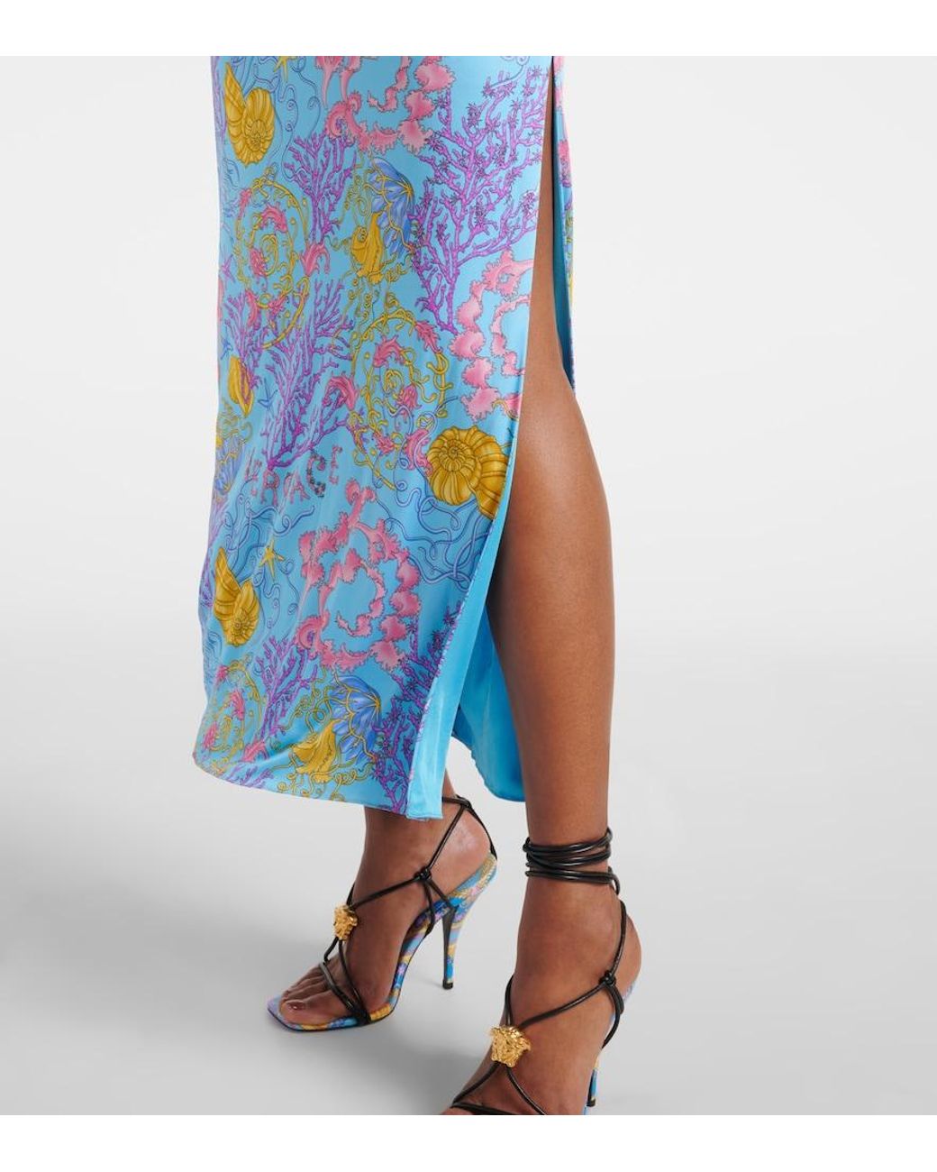 Versace Blue Underwater Barocco Draped Jersey Gown