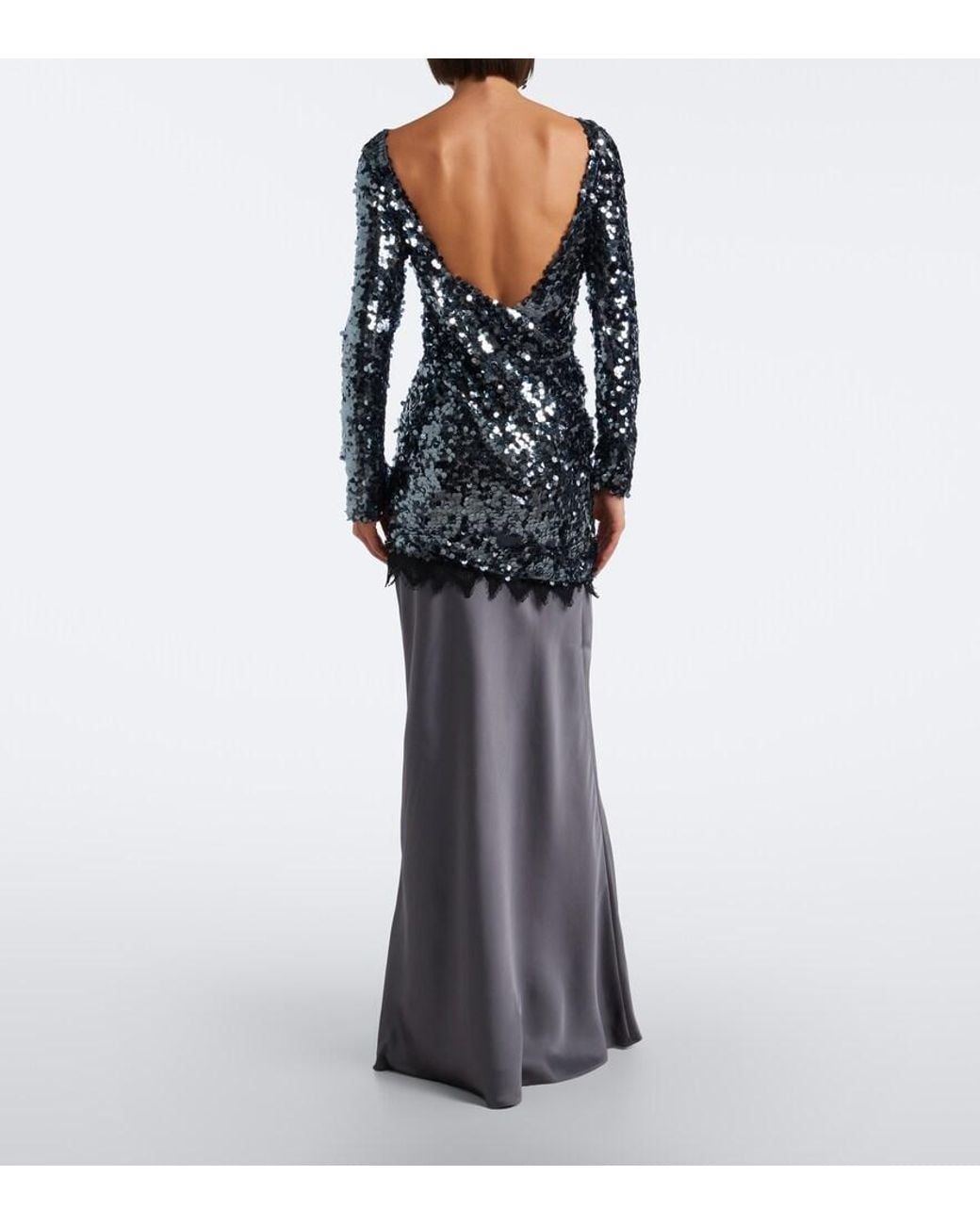 Christopher Esber Gray Lace-Trimmed Sequined Paneled Gown