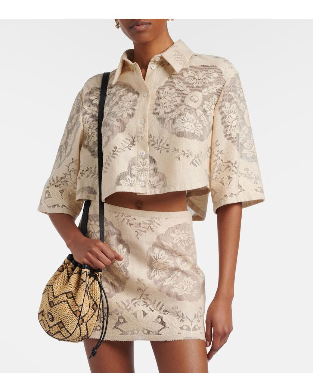 Valentino Garavani Natural Floral Cropped Cotton-Blend Shirt