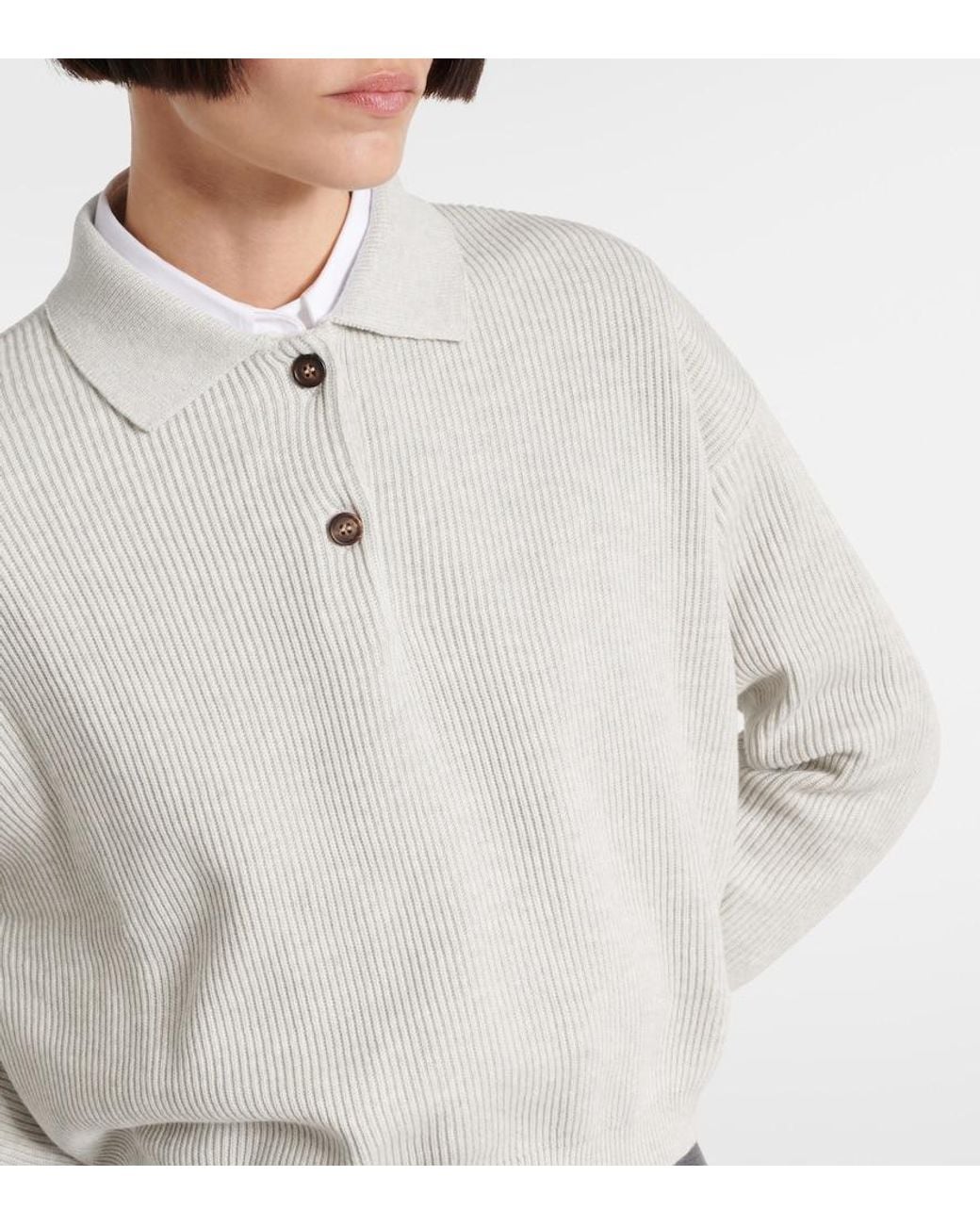 Brunello Cucinelli White Ribbed-Knit Cotton Polo Sweater