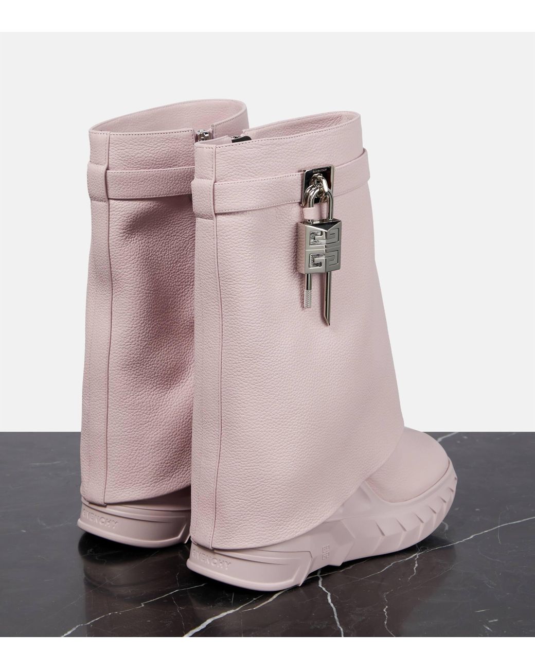 Givenchy Shark Lock Biker Ankle Boots In Grained Leather in Pink