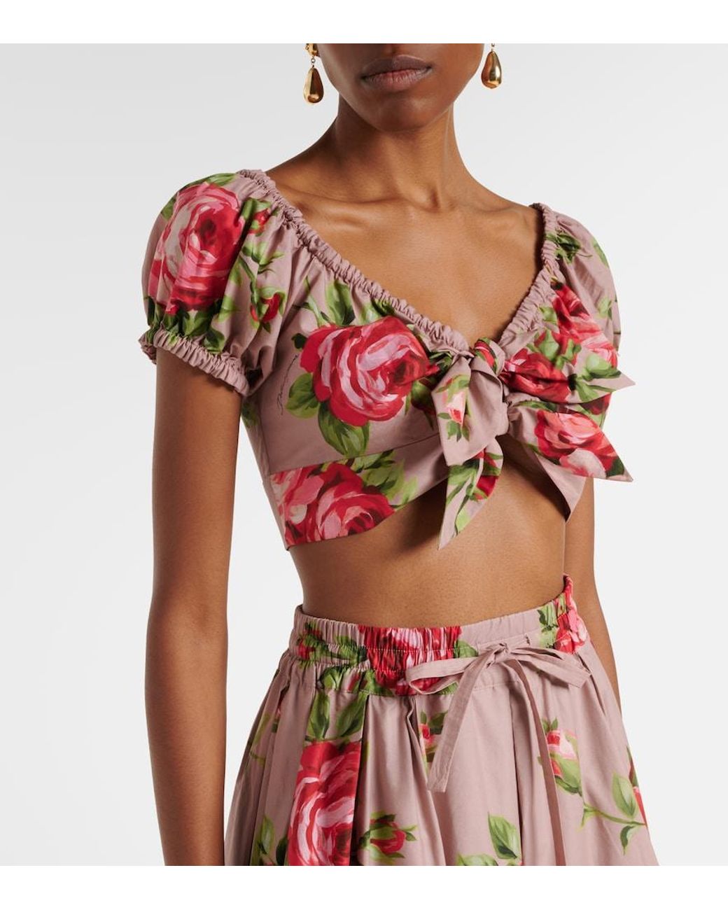 Dolce & Gabbana Pink Floral Bow-Detail Cotton Crop Top