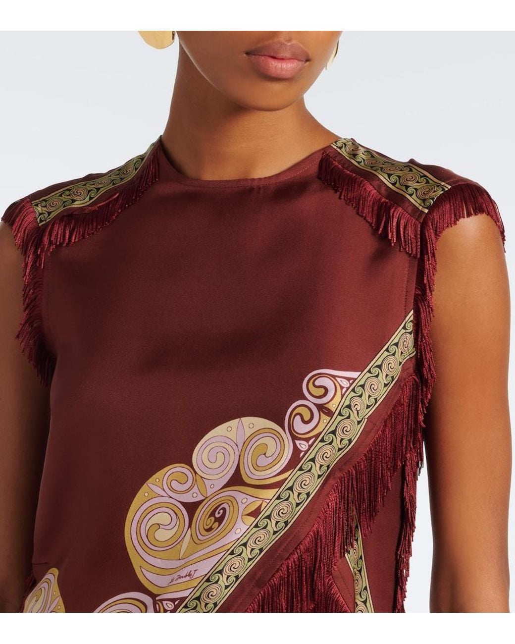 LaDoubleJ Red Fringed Printed Silk Twill Scarf Top