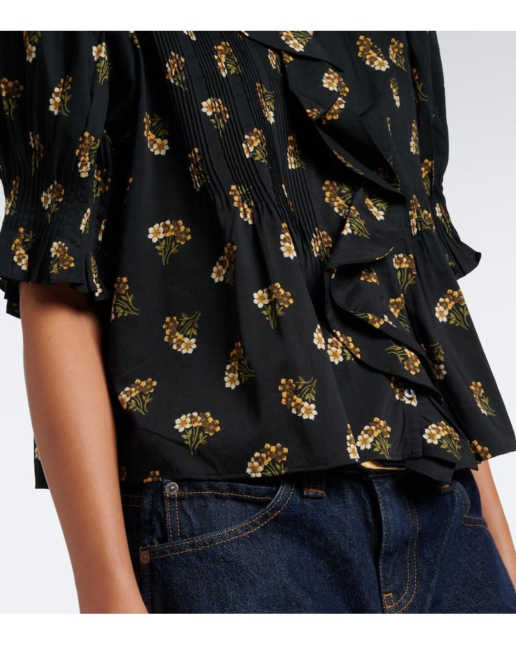 Doen Black Henri Floral Ruffled Cotton-Blend Blouse
