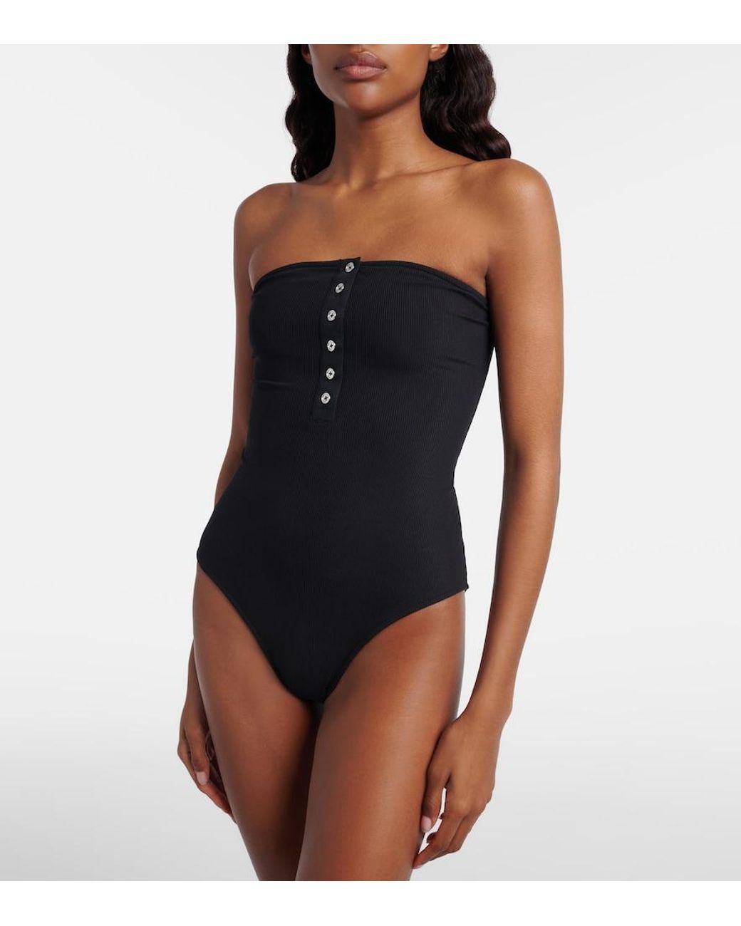 Totême Black Ribbed-Knit Bandeau Swimsuit