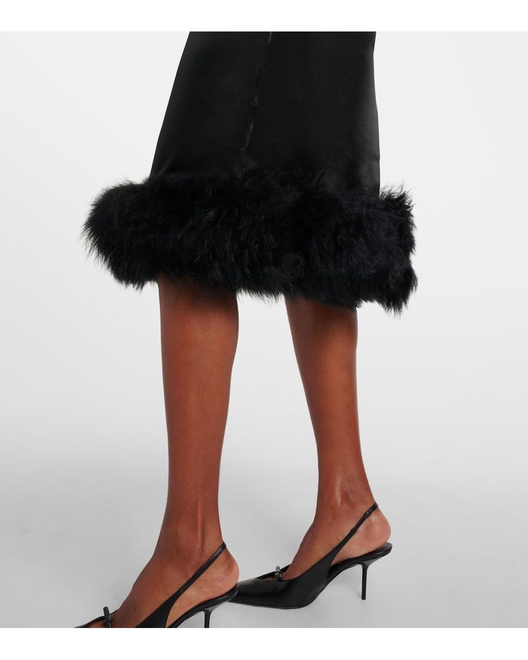 JACQUES WEI Black Shearling-Trimmed Satin Slip Dress