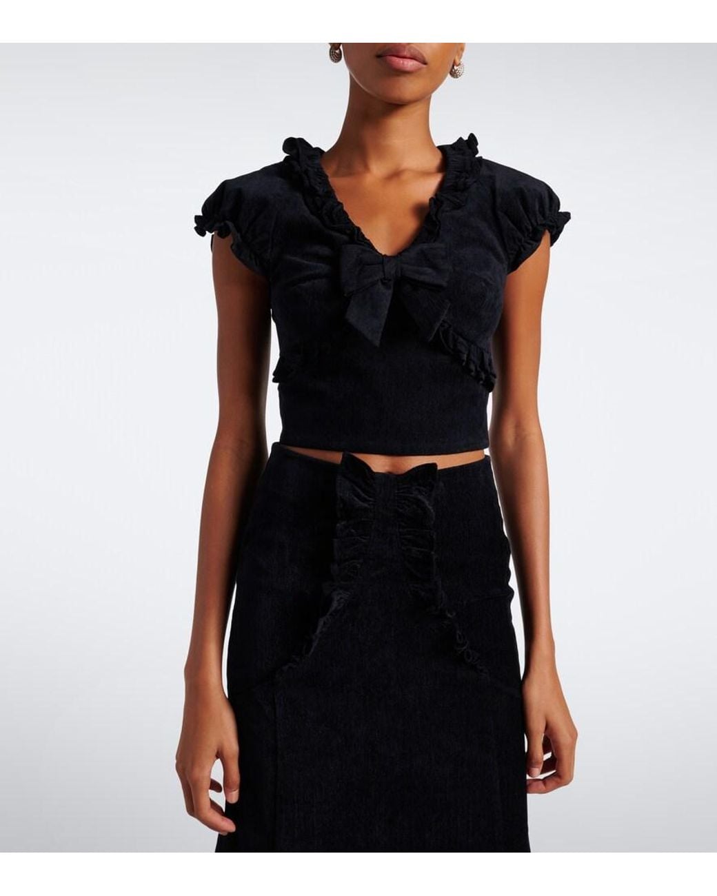 ShuShu/Tong Black Embellished Ruffled Cotton-Blend Top