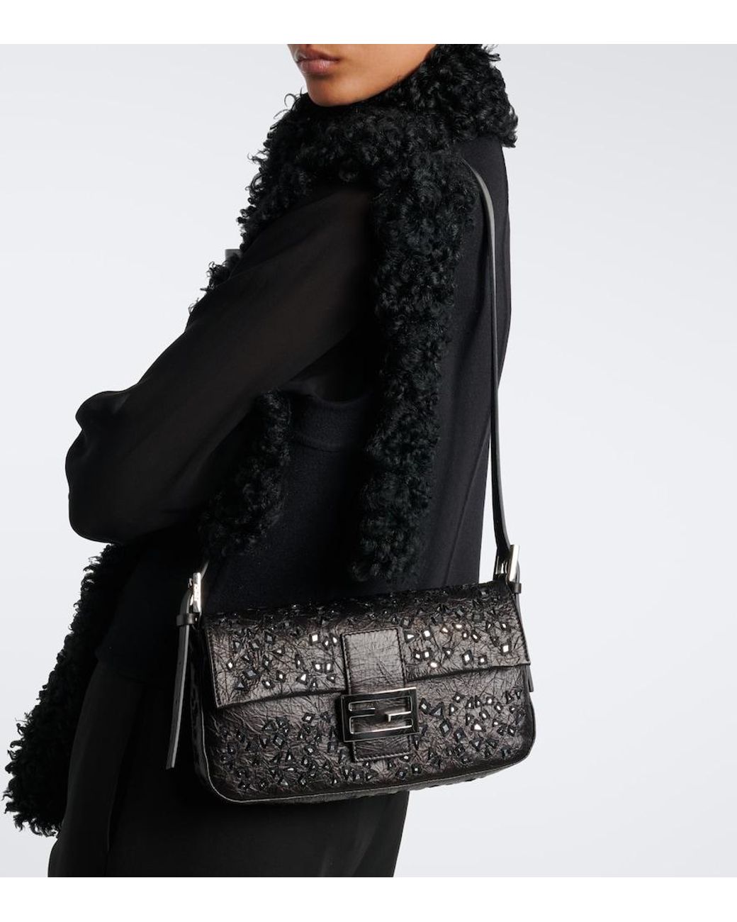 Fendi Black Baguette Small 26424 Leather Shoulder Bag