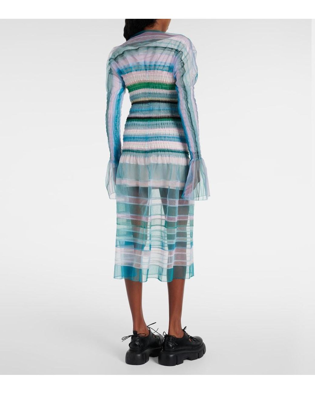 SUSAN FANG Blue Striped Sheer Midi Dress