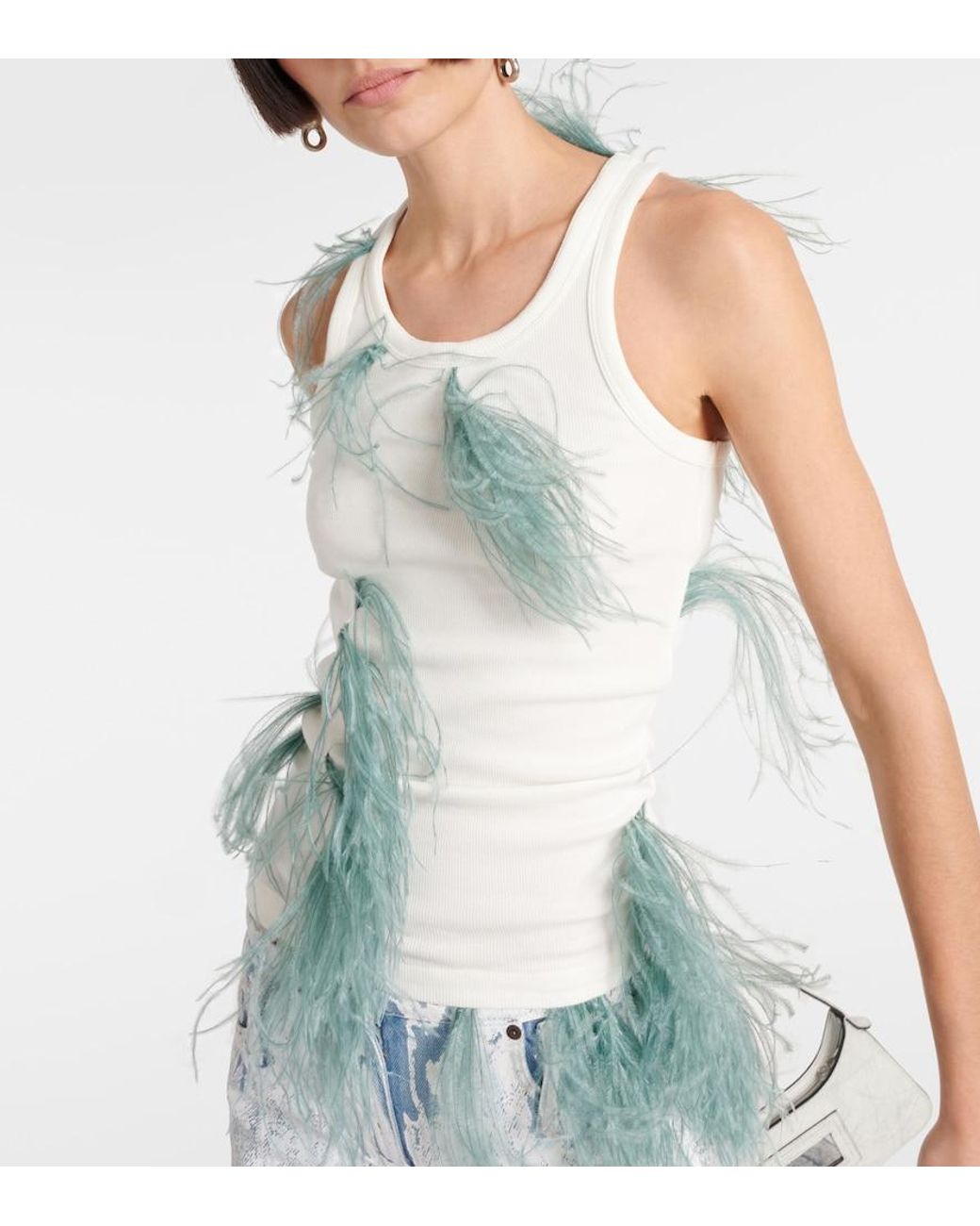 Acne Blue Feather-Trimmed Cotton-Blend Tank Top