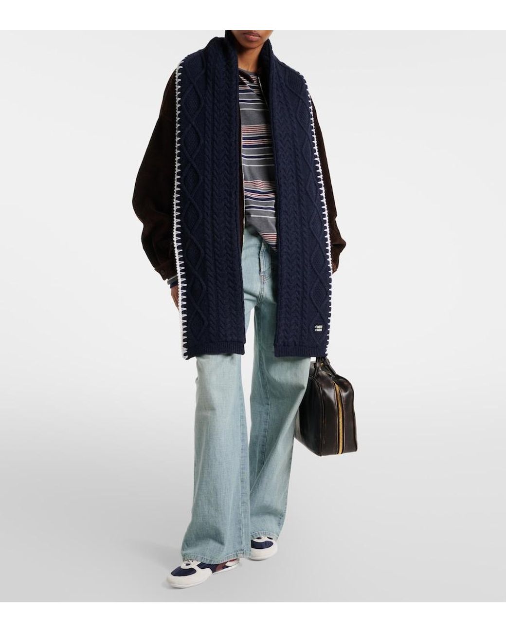 Miu Miu Blue Cable-Knit Wool And Cashmere Scarf