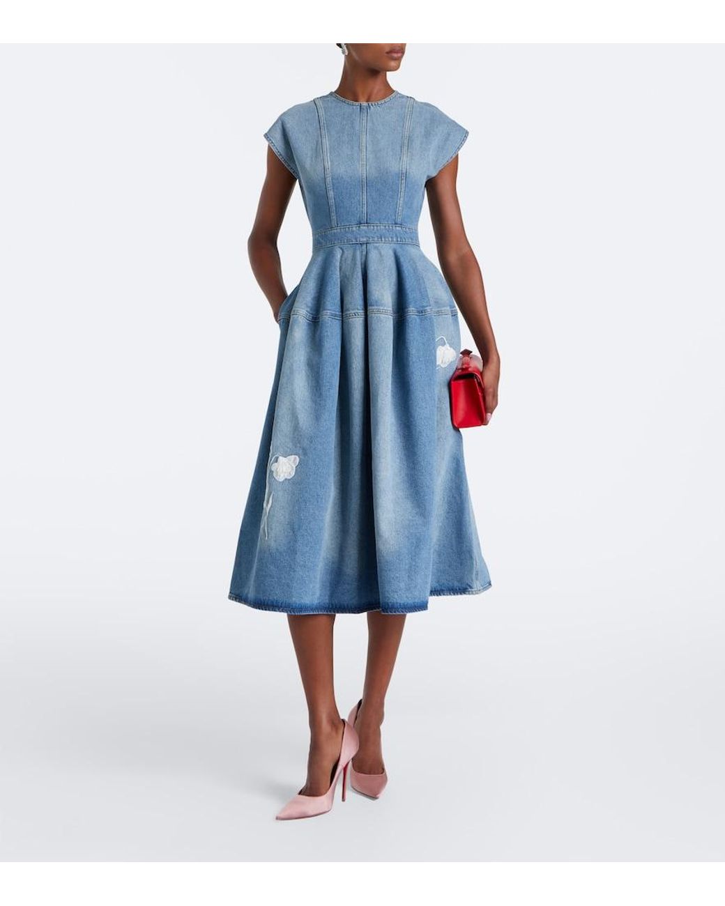 Erdem Blue Floral-Applique Denim Midi Skirt