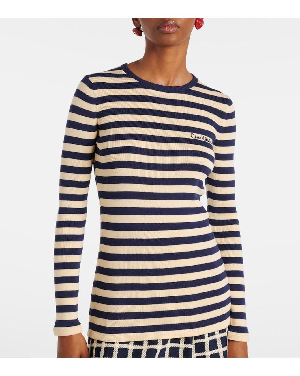 Valentino Garavani Blue Striped Ribbed-Knit Cotton Sweater