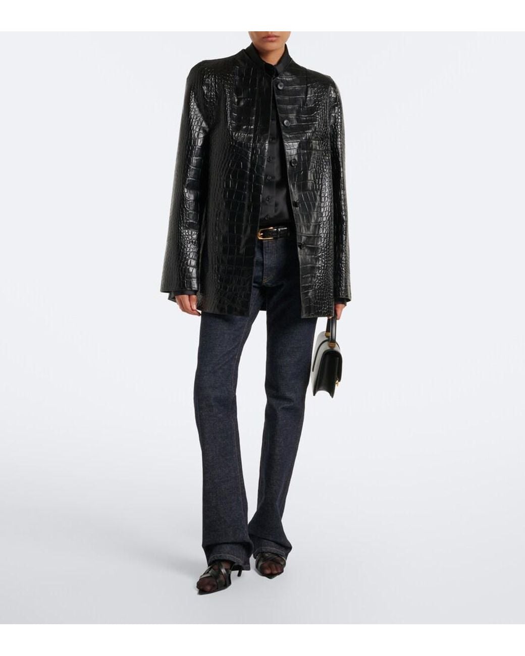 Khaite Black Sadie Croc-Effect Leather Coat