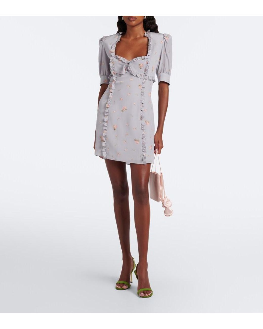 Alessandra Rich Gray Floral Silk Crepe De Chine Minidress