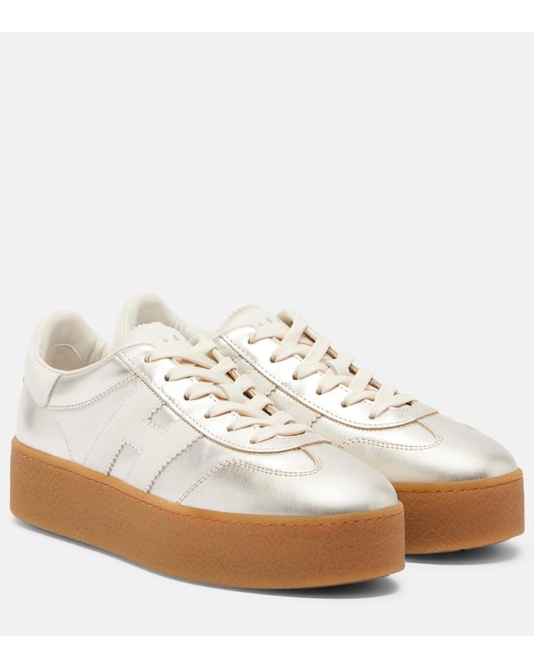 Hogan White H698 Metallic Leather Platform Sneakers