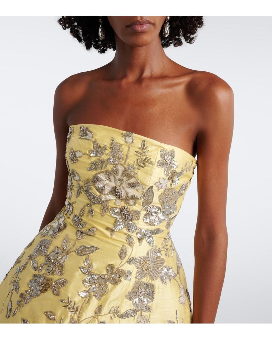 La Fuori Yellow Aurelia Sequined Silk Bustier Dress
