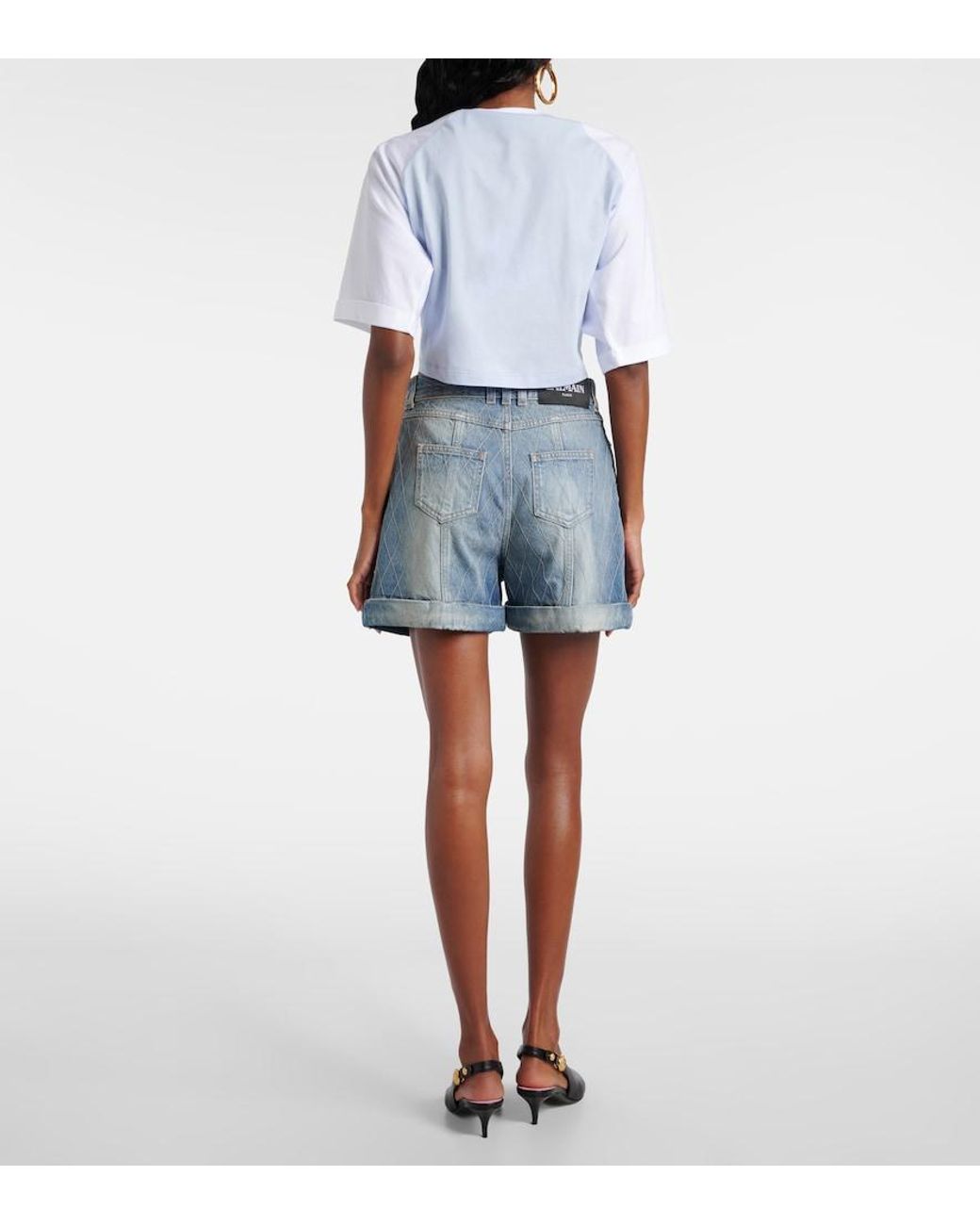 Balmain Blue Patterned Denim Shorts