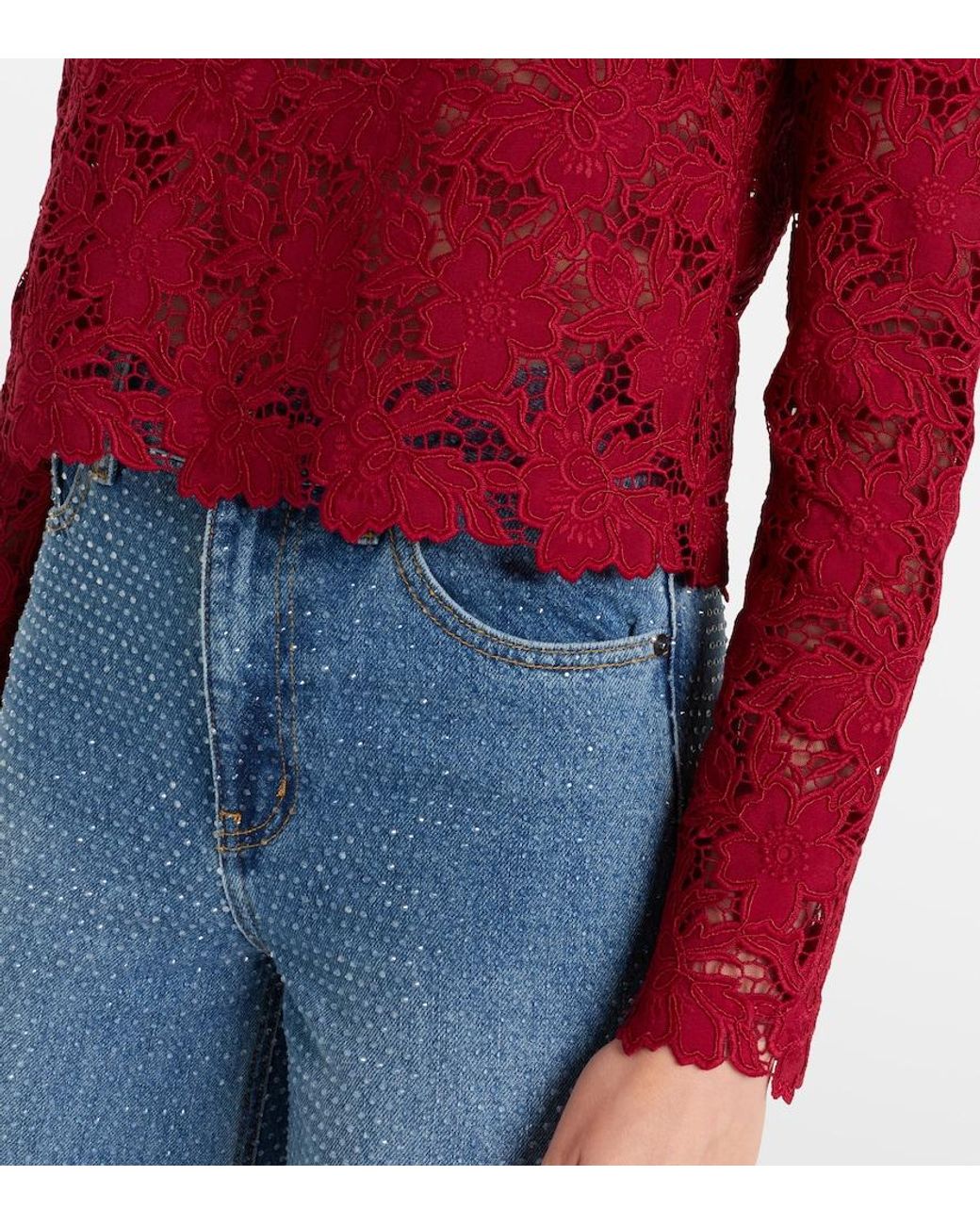 Self-Portrait Red Embellished Guipure Lace Top