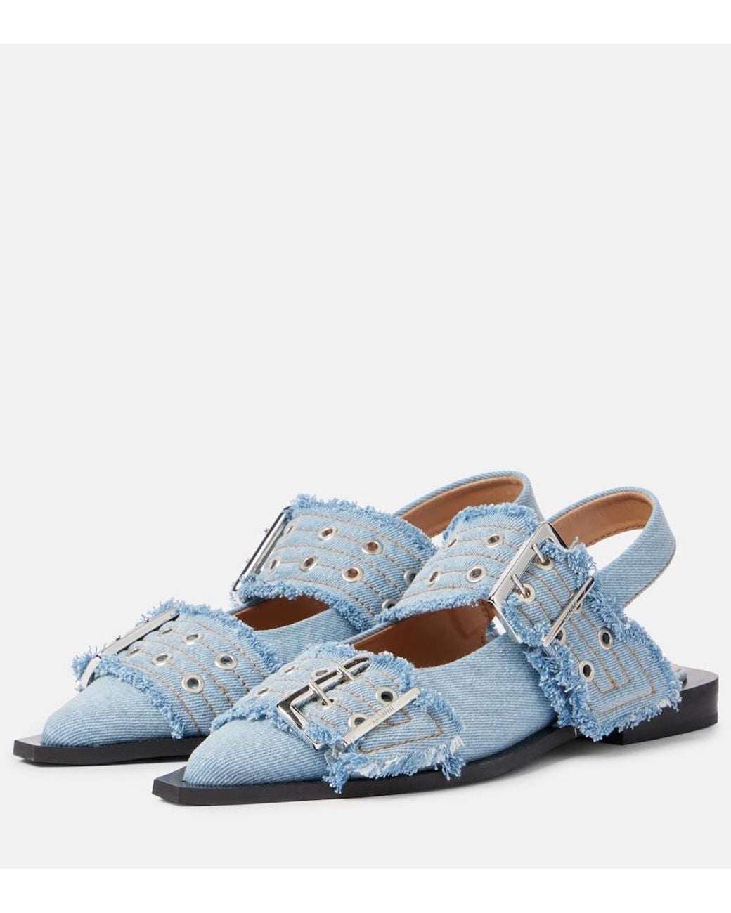 Ganni Blue Faded Denim Slingback Ballet Flat Shoe With Buckles