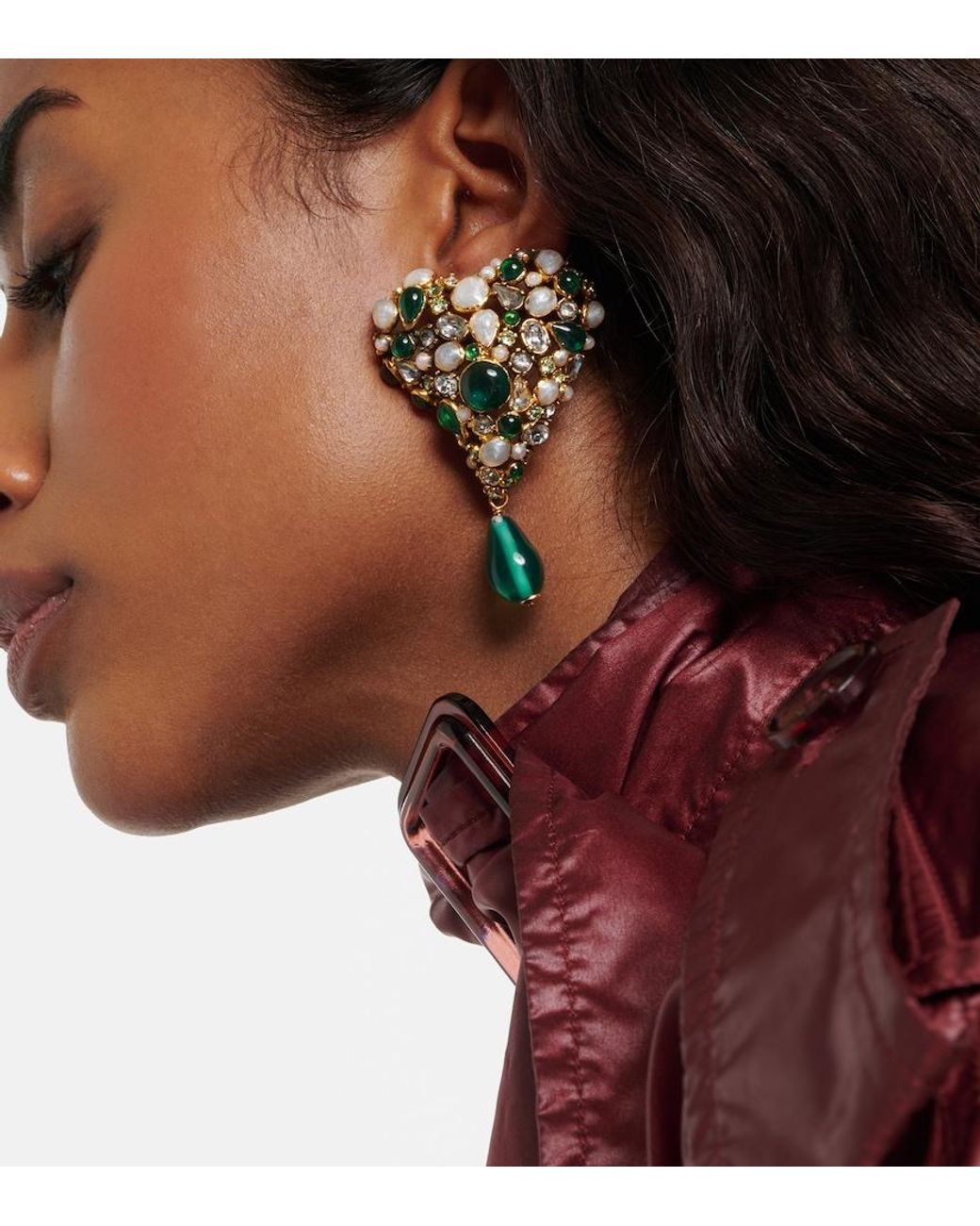 Saint Laurent Green Embellished Clip-On Earrings