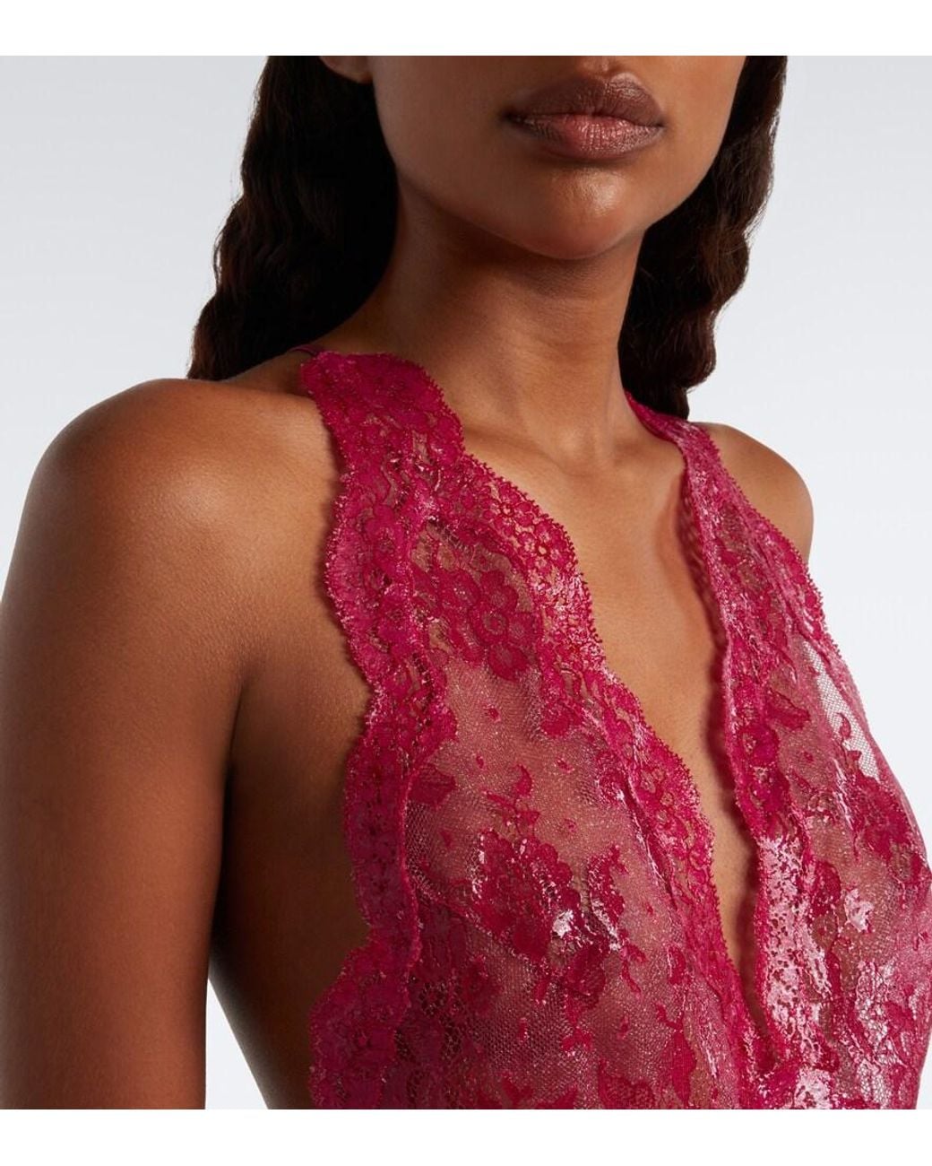 Saint Laurent Pink Sheer Cotton-Blend Lace Bodysuit